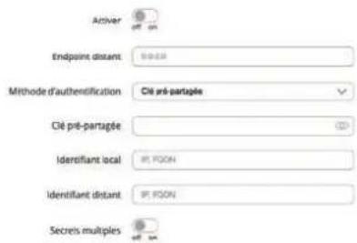 Answer Endpoint distant Methode d'authentification Clé pré-partagée Clé pré-partagée Identifiant local Identifiant distant Secrets multiples