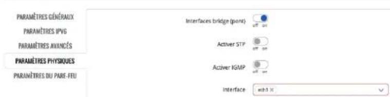PARAMÈTRES GÉNÉRAUX PARAMÈTRES IPVG PARAMÈTRES AVANCÉS PARAMÈTRES PHYSIQUES PARAMÈTRES DU PARE-FEU Interfaces bridge (pont) Activer STP Activer IGMP Interface xh1 x