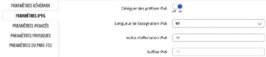 PARAMÈTRES GÉNÉRAUX PARAMÈTRES IPV6 PARAMÈTRES AVANCÉS PARAMÈTRES PHYSIQUES PARAMÈTRES DU PARE-FEU Déléguer des préfixes IPv6 Longueur de l'assignation IPv6 60 Indice d'affectation IPv6 10 Suffixe IPv6 ...1