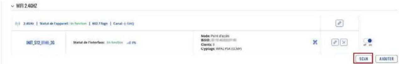 WIFI 2.4GHz 2.4GHz | Statut de l'apparaît : In fonction | 802.11bn | Canal: (-.GHz) INT_512_3G Statut de l'interface: En fonction 9% Node: Paint d'accès BSID: 100000000000000000000000000000000000000000000000000000000000000000000000 Clients: 3 Cryptage: WPAJ PSK (CCMP) SCAN AOUTER
