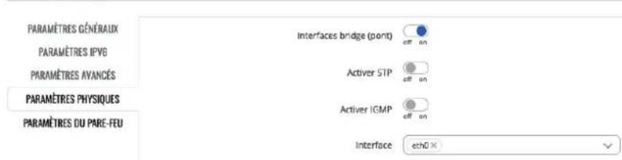 PARAMÈTRES GÉNÉRAUX PARAMÈTRES IPVB PARAMÈTRES AVANCÉS PARAMÈTRES PHYSIQUES PARAMÈTRES DU PARE-FEU Interfaces bridge (pont) activer STP activer IGMP Interface: ech0 x