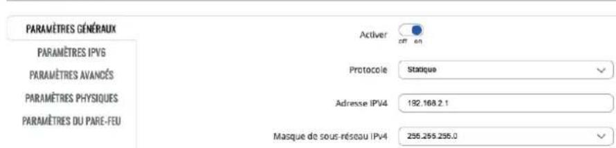 PARAMÈTRES GÉNÉRAUX PARAMÈTRES IPVG PARAMÈTRES AVANDÉS PARAMÈTRES PHYSIQUES PARAMÈTRES DU PARE-FEU Activier Protocole Statique Adresse IPV4 192.168.2.1 Masque de sous-néseau IPV4 256.255.255.0