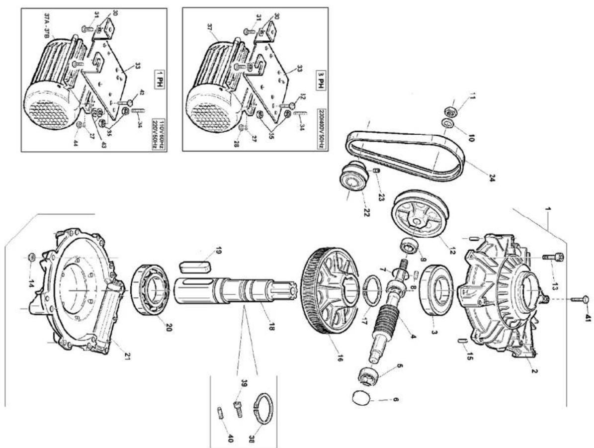 Technical diagram of a mechanical assembly with numbered parts and component labels