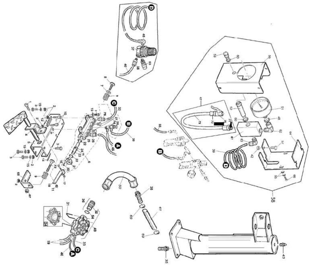 Exploded view diagram of a mechanical assembly with numbered parts and labeled connectors