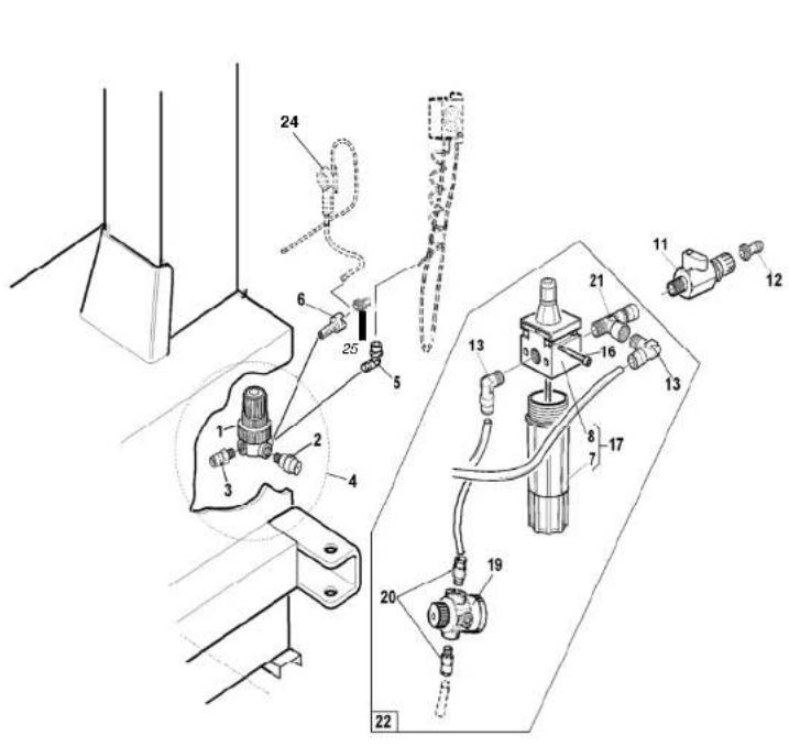 Technical diagram of a mechanical assembly with numbered components and labeled parts