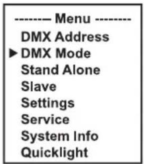 ---- Menu ---- DMX Address ►DMX Mode Stand Alone Slave Settings Service System Info Quicklight
