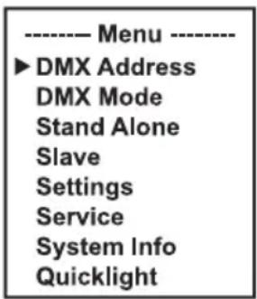---- Menu ---- ►DMX Address DMX Mode Stand Alone Slave Settings Service System Info Quicklight