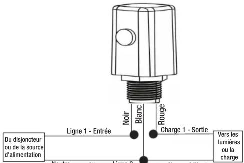 Du disjoncteur ou de la source d'alimentation Ligne 1 - Entrée Noir Blanc Rouge Charge 1 - Sortie Vors les lumières ou la charge Neutre ou Ligne 2 Charge 2/Neutre