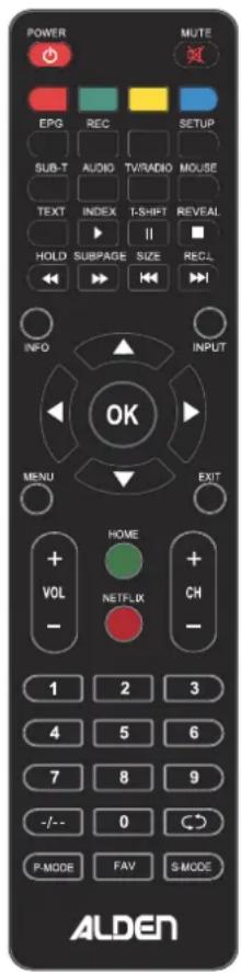 POWER MUTE EPG REC SETUP SUB-T AUDIO TV/RADIO MOUSE TEXT INDEX T-SHIFT REVEAL HOLD SUBPAGE SIZE RECL INFO INPUT OK MENU EXIT VOL HOME + NETFLIX CH - 1 2 3 4 5 6 7 8 9 -/- 0 P-MODE FAV S-MODE ALDEN