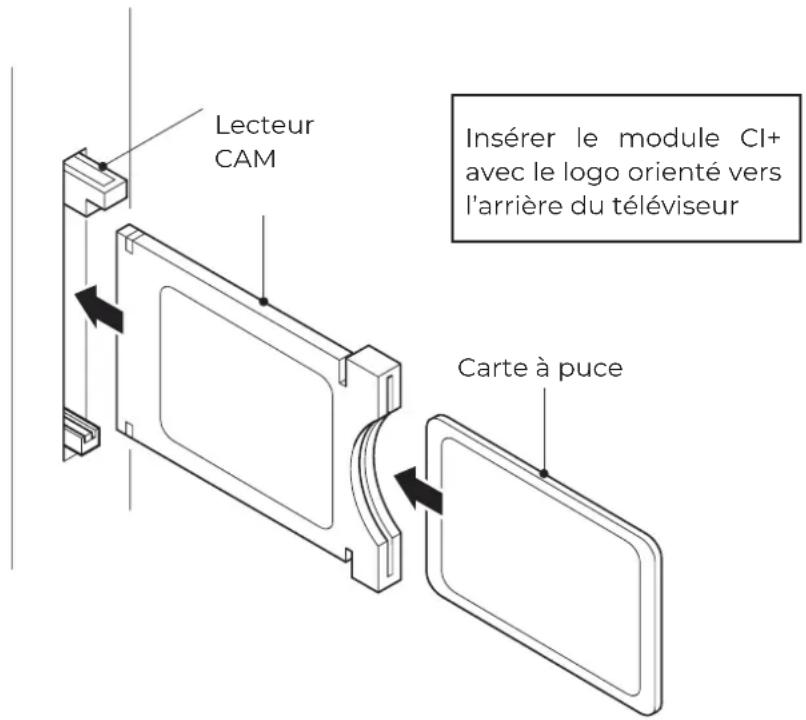 Lecteur CAM Insérer le module Cl+ avec le logo orienté vers l'arrière du téléviseur Carte à puce