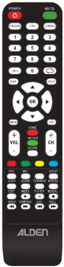 POWER MUTE A-MODE FAV S-MODES 1 2 3 4 5 6 7 8 9 -/-- 0 INFO INPUT OK MENU HOME VOL NETFLIX DELETE CH - + - OUTPUT EPS REC SETUP SUB-T AUDIO TV/RADIO MOUSE TEXT INDEX T-SI IFT REVEAL HOLD SUBPAGE SIZE REC.L ALDEN