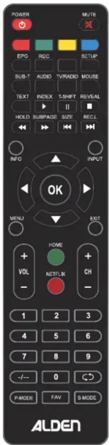 POWER MUTE EPG REC SETUP SUB-T AUDIO TV/RADIO MOUSE TEXT INDEX T-SHIFT REVEAL HOLD SUBPAGE SIZE RECL INFO INPUT OK MENU EXIT VOL HOME NETFLIX CH 1 2 3 4 5 6 7 8 9 -/- 0 P-MODE FAV S-MODE ALDEN
