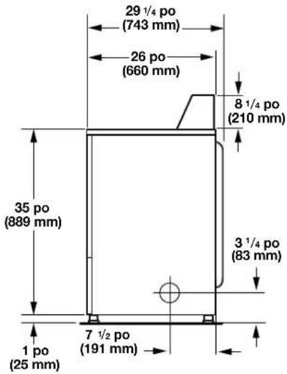 29 1/4 po (743 mm) 26 po (660 mm) 8 1/4 po (210 mm) 35 po (889 mm) 3 1/4 po (83 mm) 1 po (25 mm) 7 1/2 po (191 mm)