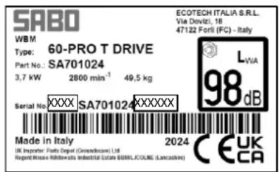 SABO 60-PRO T DRIVE - MACHINE IDENTIFICATION DATA AND RATING PLATES - 2