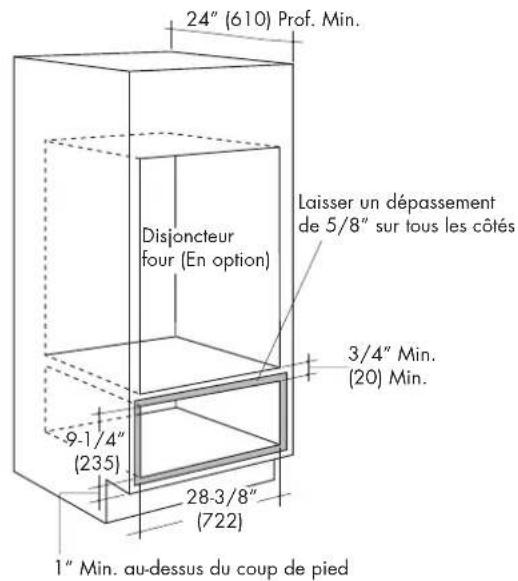 24" (610) Prof. Min. Laisser un dépassement de 5/8" sur tous les côtés Disjoncteur four (En option) 3/4" Min. (20) Min. 9-1/4" (235) 28-3/8" (722) 1" Min. au-dessus du coup de pied