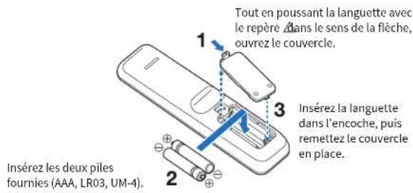 Tout en poussant la languette avec le repère dans le sens de la flèche, ouvrez le couvercle. Insérez les deux piles fournies (AAA, LR03, UM-4). Insérez la languette dans l'encoche, puis remettez le couvercle en place.