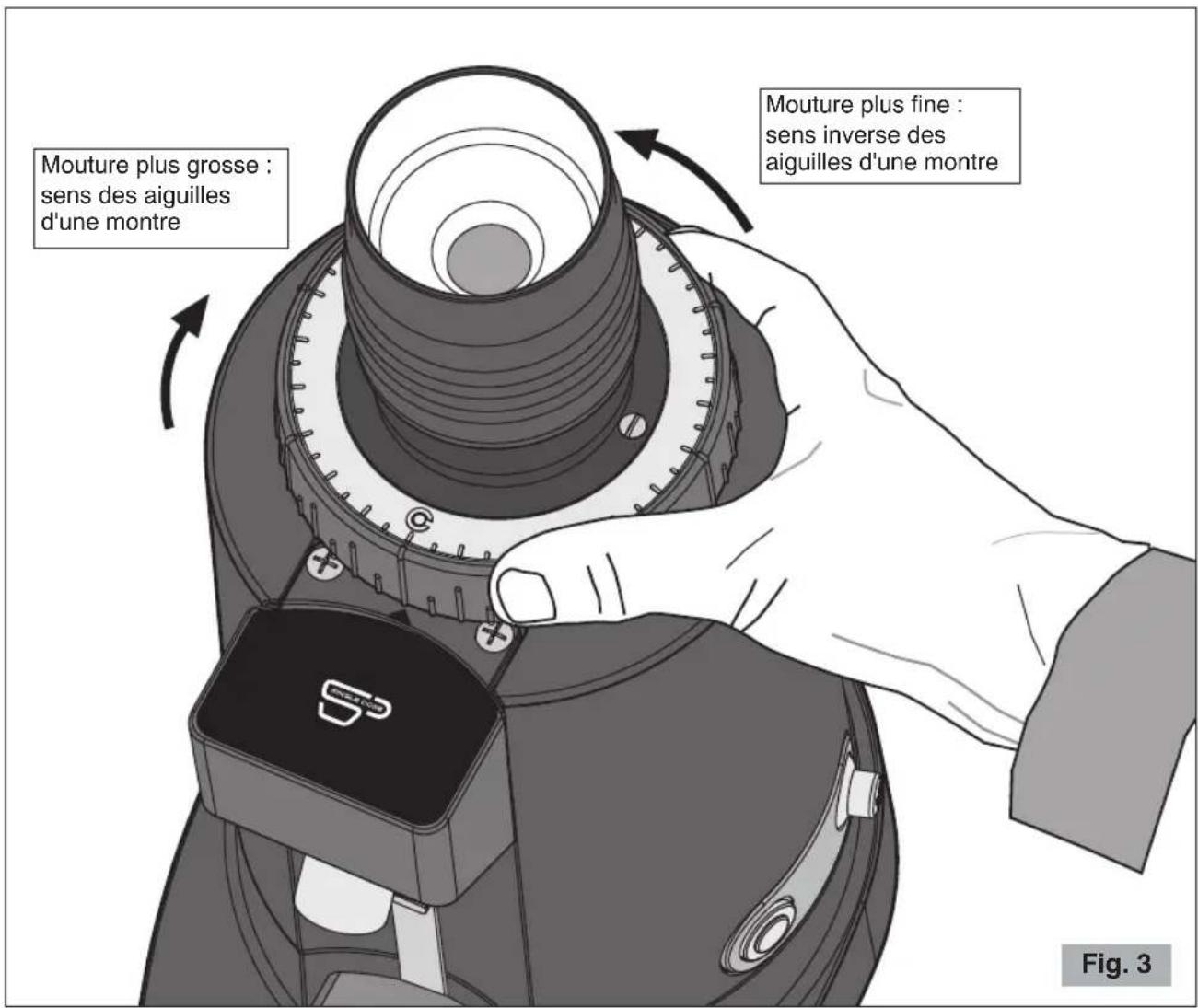Ceado E5SD - Fonctions du bouton de marche/arrêt moteur et temps de mouture (8 Fig. 1) - 1