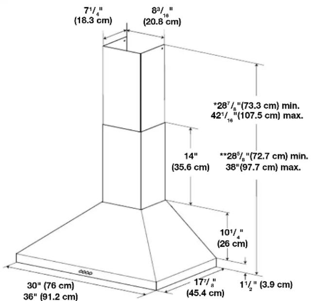 7½" (18.3 cm) 8³/₁₆" (20.8 cm) *28⁷/₈"(73.3 cm) min. 42¹/₁₆"(107.5 cm) max. 14" (35.6 cm) **28⁵/₈"(72.7 cm) min. 38"(97.7 cm) max. 10¹/₄" (26 cm) 30" (76 cm) 36" (91.2 cm) 17½" (3.9 cm) (45.4 cm)