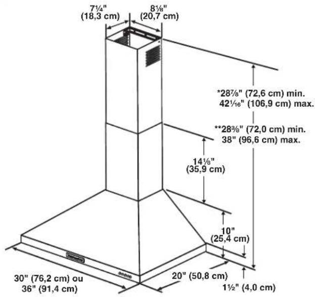 7½" (18,3 cm) 8½" (20,7 cm) *28½" (72,6 cm) min. 42½" (106,9 cm) max. **28¾" (72,0 cm) min. 38" (96,6 cm) max. 14½" (35,9 cm) 10" (25,4 cm) 30" (76,2 cm) ou 36" (91,4 cm) 20" (50,8 cm) 1½" (4,0 cm)