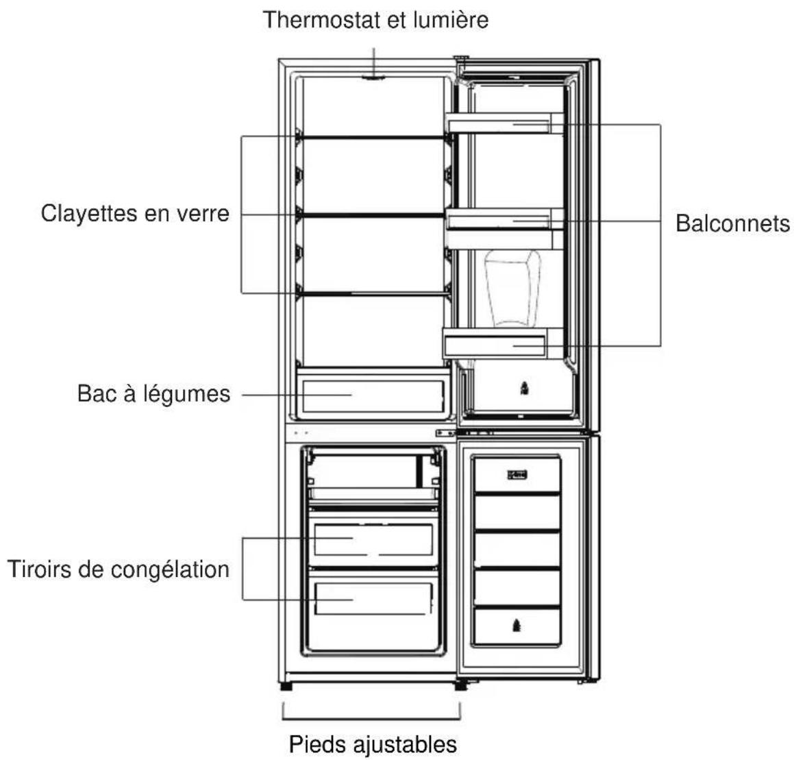 Thermostat et lumière Clayettes en verre Bac à légumes Tiroirs de congélation Balconnets Pieds ajustables