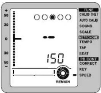 TUNE CALIB (Hz) AUTO CALIS SOUND SCALE METRONGUE TEMPO TAP BEAT PB CONT CORRECT KEY SPEED 150 REMAIN