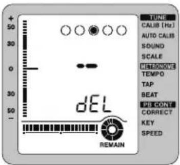 TUNE CALIB (Hz) AUTO CALIB SOUND SCALE METRONOVE TEMPO TAP BEAT PB CONT CORRECT KEY SPEED + 50 30 0 30 50 - DEL REMAIN