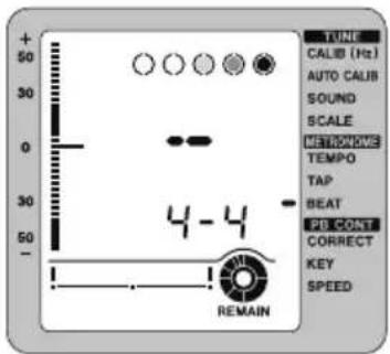 TUNE CALIB (Hz) AUTO CALIB SOUND SCALE METRONOME TEMPO TAP BEAT PB CONT CORRECT KEY SPEED 4-4 REMAIN