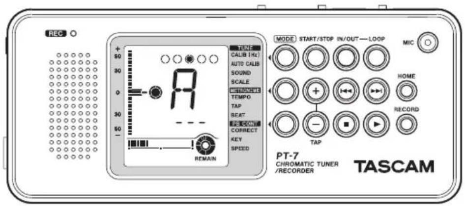 REC TIME CALIB (Hz) AUTO CALIB SOUND SCALE METABOVE TEMPO TAP BEAT START/STOP CORRECT KEY SPEED REMAIN MODE START/STOP IN/OUT—LOOP MIC HOME RECORD TAP PT-7 CHROMATIC TUNER /RECORDER TASCAM
