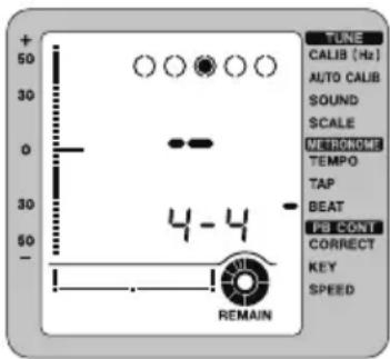 TUNE CALIB (Hz) AUTO CALIB SOUND SCALE METRONOME TEMPO TAP BEAT PB CONT CORRECT KEY SPEED 4-4 REMAIN