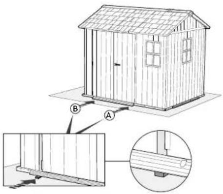 Technical diagram of a small modular house with labeled components A and B, showing structural details and detail views.