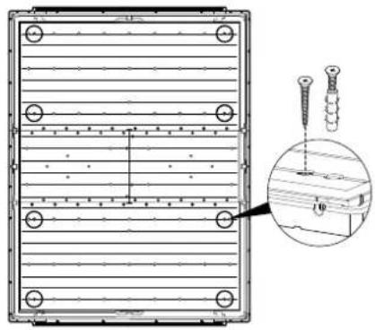 Technical diagram showing a structural panel with bolt holes and an inset close-up of screw fasteners on a wooden surface.