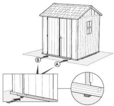 Technical diagram showing a small wooden cabin with labeled components A and B, including an inset close-up of the structure.