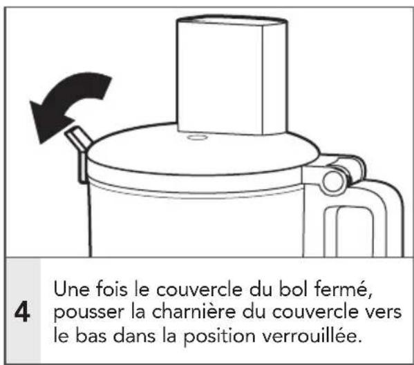 4 Une fois le couvercle du bol fermé, pousser la charnière du couvercle vers le bas dans la position verrouillée.