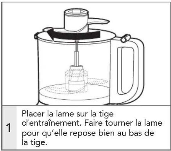 Placer la lame sur la tige d'entraînement. Faire tourner la lame pour qu'elle repose bien au bas de la tige.