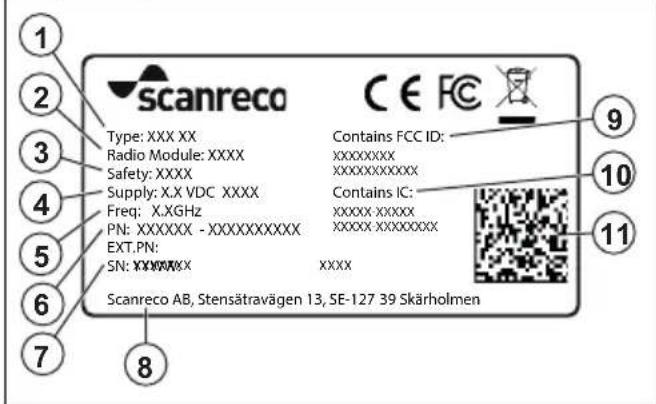 1 2 3 4 5 6 7 8 Scanreco Type: XXX XX Radio Module: XXXX Safety: XXXX Supply: X.X VDC XXXX Freq: X.XGHz PN: XXXXXX - XXXXXXXXXXXX EXT.PN: SN: XXXXXX Contains FCC ID: XXXXXXXXX XXXXXXXXX Contains IC: XXXX XXXXX XXXX XXXXXX XXXX XXXXXX SCANRECO AB, Stensätravägen 13, SE-127 39 Skärholmen