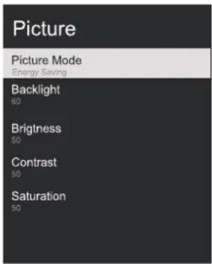 Picture Picture Mode Energy Saving Backlight 60 Brigtness 50 Contrast 50 Saturation 50