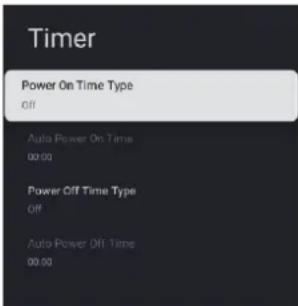 Timer Power On Time Type Off Auto Power On Time 00:00 Power Off Time Type Off Auto Power Off Time 00:00