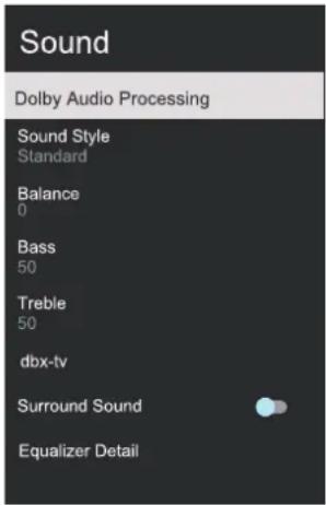 Sound Dolby Audio Processing Sound Style Standard Balance 0 Bass 50 Treble 50 dbx-tv Surround Sound Equalizer Detail