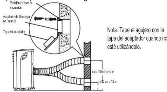 Posición de tucor de expansion Adaptador de Descarga en Parcel B Tapa del adaptador Nota: Tape el agujero con la tapa del adaptador cuando no esté utilizándolo. máx 120 cm o 47 m in 30 cm c 12 m