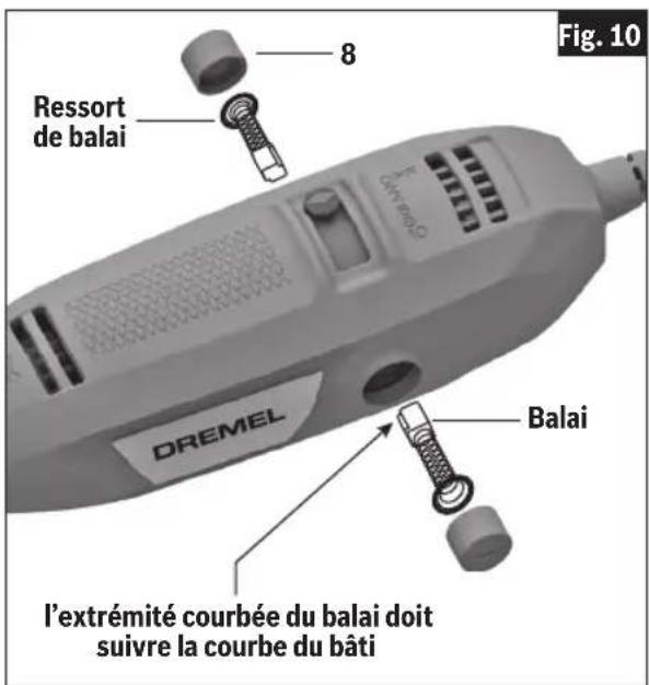8 Ressort de balai DREMEL Balai l'extrémité courbée du balai doit suivre la courbe du bâti Fig. 10