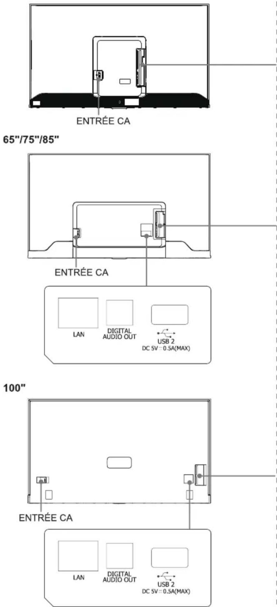 ENTRÉE CA LAN DIGITAL AUDIO OUT USB 2 DC 5V=0.5A(MAX) 100" ENTRÉE CA LAN DIGITAL AUDIO OUT USB 2 DC 5V=0.5A(MAX) 65"/75"/85" ENTRÉE CA