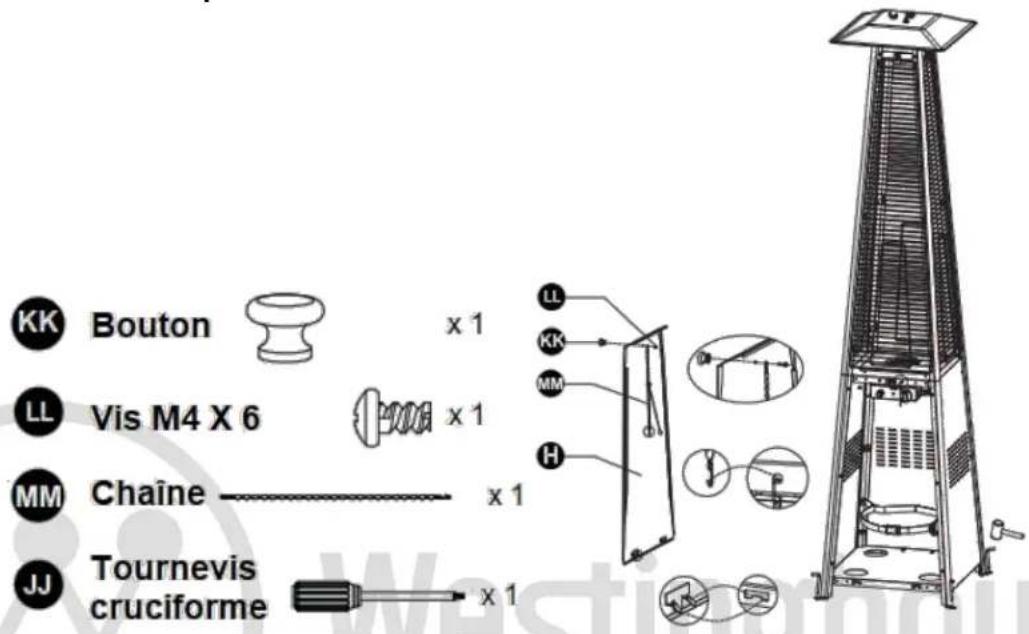 KK Bouton x 1 LL Vis M4 X 6 x 1 MM Chaîne x 1 JJ Tournevis cruciforme x 1