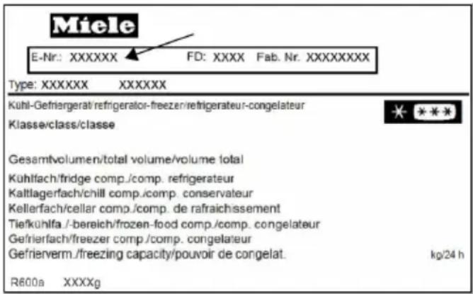 Miele E-Nr.: XXXXXX FD: XXXX Fab. Nr. XXXXXXXX Type: XXXXXX XXXXXX Kuhl-Gefriergerät/refrigerator-freezer/refrigerateur-congelateur Klasse/class/classe Gesamtvolumen/total volume/volume total Kühlfach/fridge comp./comp. refrigerateur Kaltlagerfach/chill comp./comp. conservateur Kellerfach/cellar comp./comp. de rafraichissement Tiefkühlfa./bereich/frozen-food comp./comp. congelateur Gefrierfach/freezer comp./comp. congelateur Gefrierverm./freezing capacity/pouvoir de congelat. kg/24 h R600a XXXXg