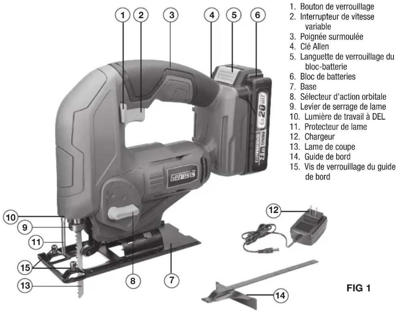 1. Bouton de verrouillage 2. Interrupteur de vitesse variable 3. Poignée surmoulée 4. Clé Allen 5. Languette de verrouillage du bloc-batterie 6. Bloc de batteries 7. Base 8. Sélecteur d'action orbitale 9. Levier de serrage de lame 10. Lumière de travail à DEL 11. Protecteur de lame 12. Chargeur 13. Lame de coupe 14. Guide de bord 15. Vis de verrouillage du guide de bord 16. 200000 G200000 17. 200000 G200000 18. 200000 G200000 19. 200000 G200000 20. 200000 G200000 21. 200000 G200000 22. 200000 G200000 23. 200000 G200000 24. 200000 G200000 25. 200000 G200000 26. 200000 G200000 27. 200000 G200000 28. 200000 G200000 29. 200000 G200000 30. 200000 G200000 31. 200000 G200000 32. 200000 G200000 33. 200000 G200000 34. 200000 G200000 35. 200000 G200000 36. 200000 G211111111111111111111111111111111111111111111111111111111111111111111111111111111111111111111111111
