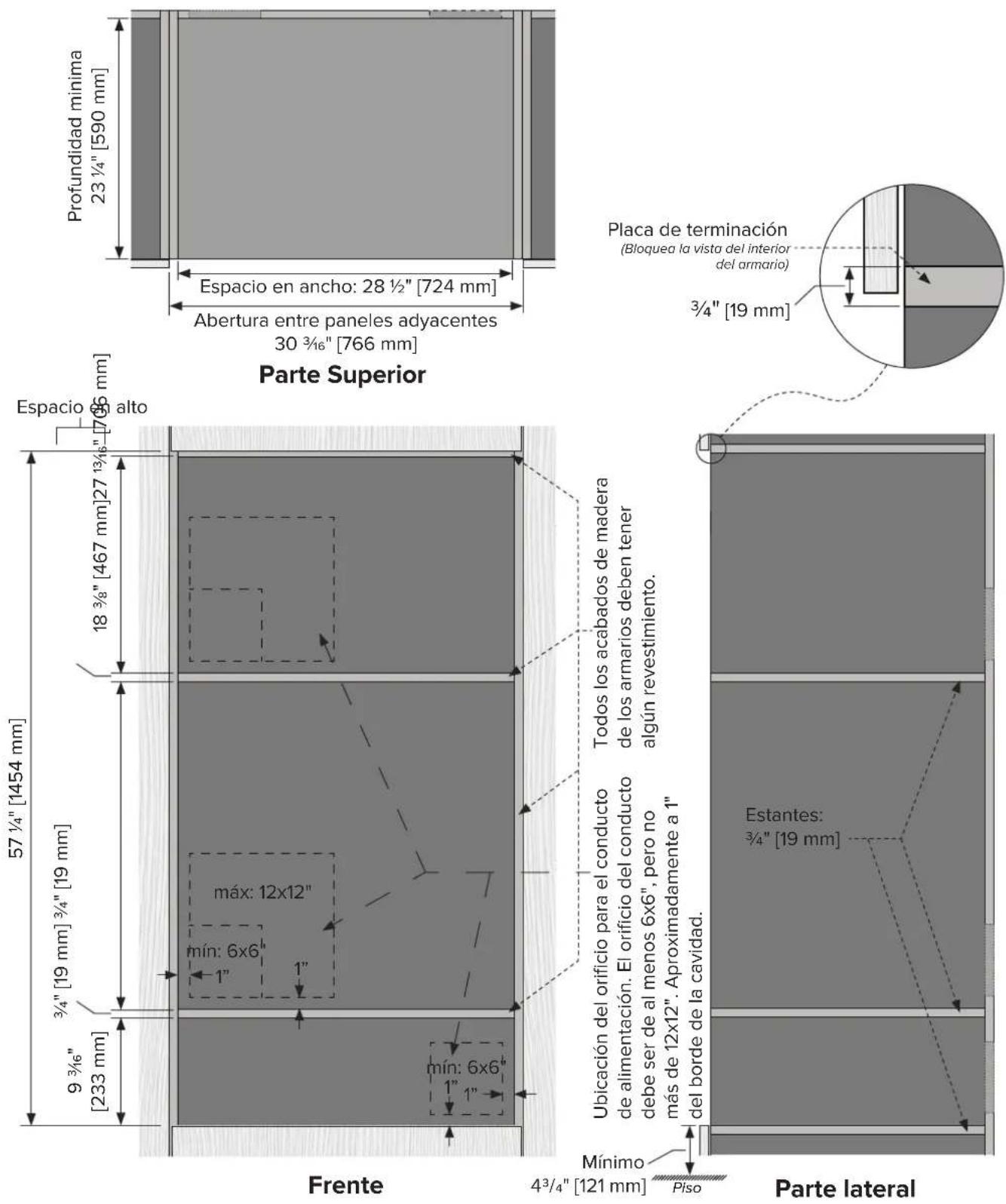 VIKING MVMSP6301BG - Especificaciones de los armarios de 3 estantes - Horno de pared simple, horno de vapor/rápido y cajón calientaplato - 1