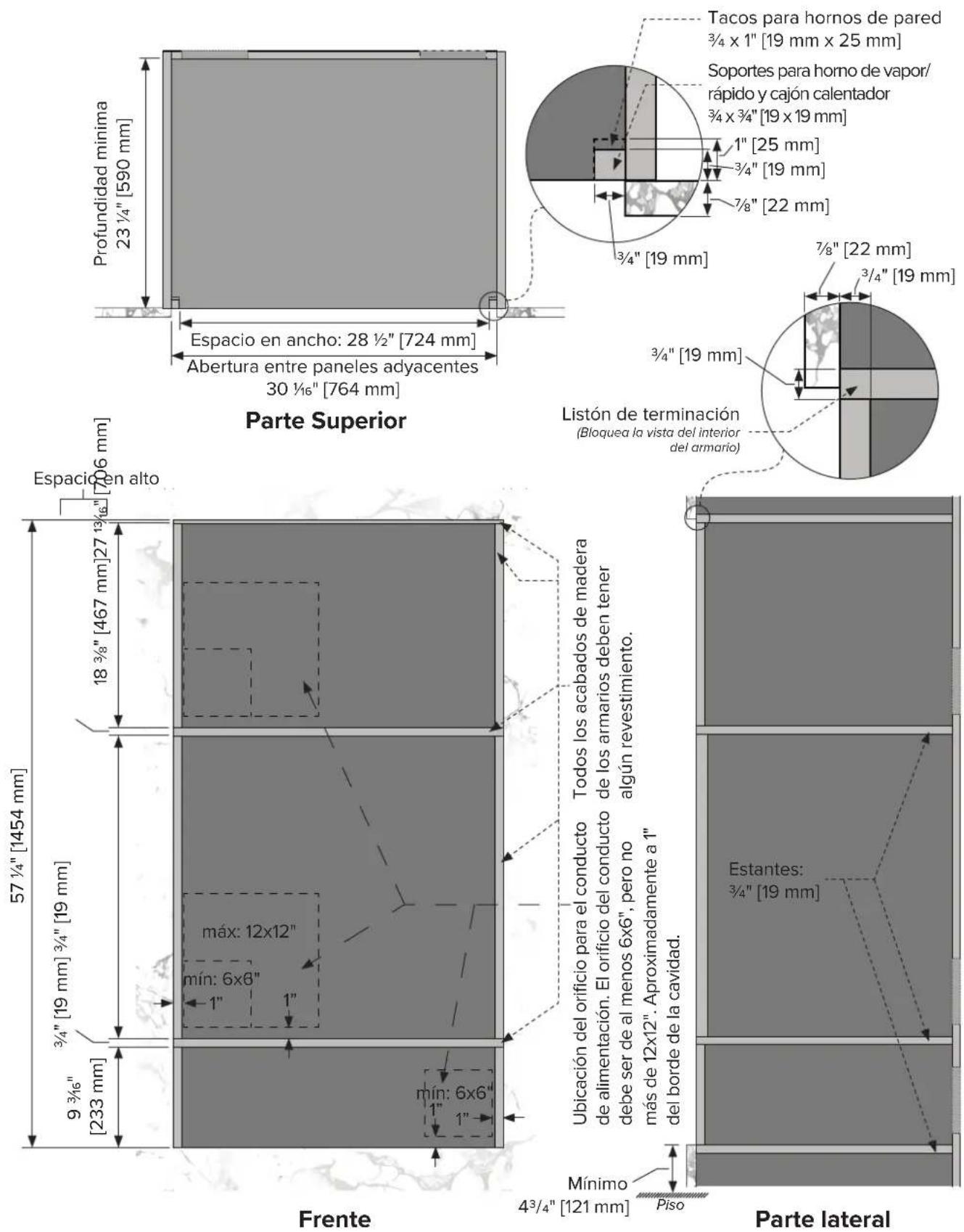 VIKING MVMSP6301BG - Especificaciones de los armarios de 3 estantes - Horno de pared simple, horno de vapor/rápido y cajón calientaplato - 3