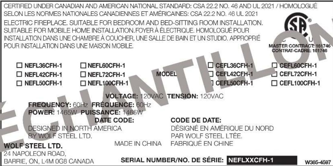 Napoleon Entice NEFL50CFH-1 - information à propos de la plaque d'homologation - 1