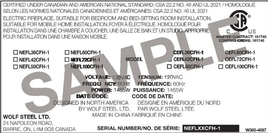 Napoleon Entice NEFL50CFH-1 - rating plate information - 1