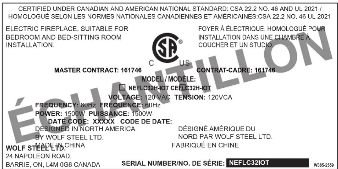 Napoleon Stylus Cara Elite NEFP32-5019W-IOT - information à propos de la plaque d'homologation - 1