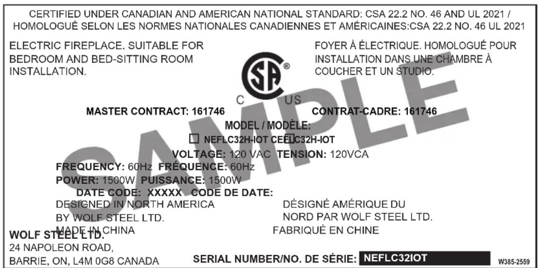 Napoleon Stylus Cara Elite NEFP32-5019W-IOT - rating plate information - 1